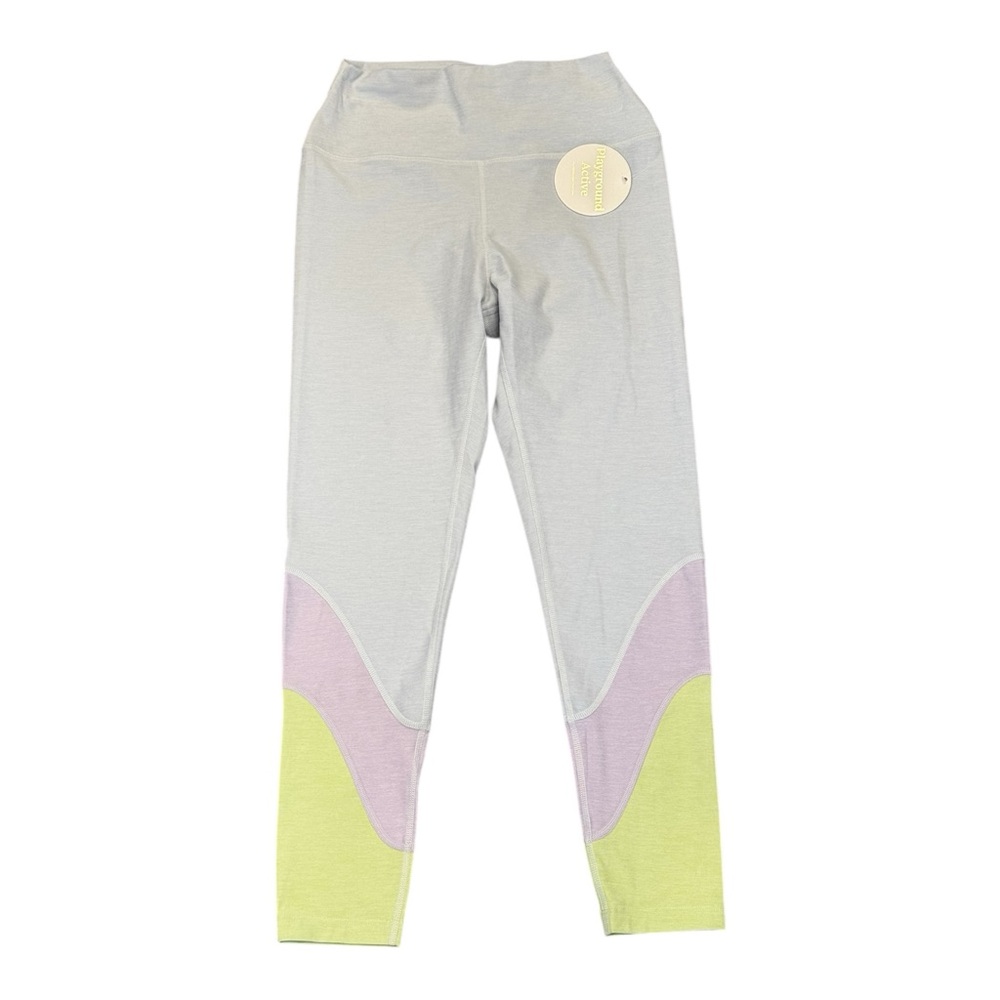 Playground Active Leggings Size L Pull On Blue with Purple/Yellow on Lower Leg